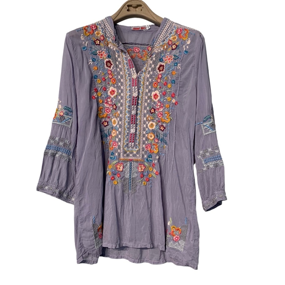 Johnny Was Lilac Embroidered Boho Tunic Top Floral Silk Blend Small - Picture 2 of 16